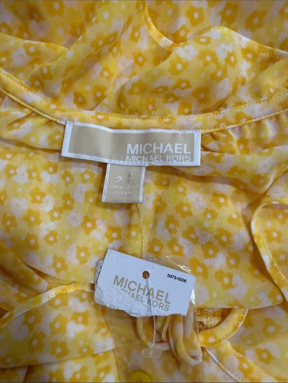 Michael Kors Yellow Floral Print Ruffled MIDI Dress Size Small Petite NWT